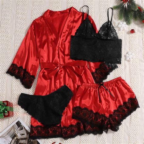 Xysaqa Lingerie For Women Satin Pajama Nightgown Robe Set 4pcs Sleepwear Floral Lace Cami Shorts