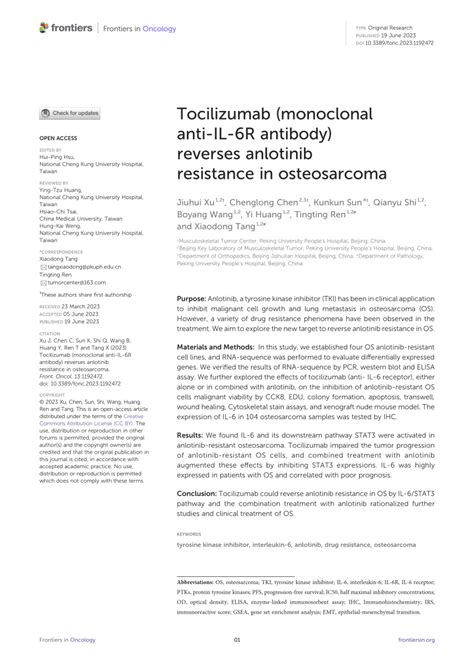 Pdf Tocilizumab Monoclonal Anti Il R Antibody Reverses Anlotinib