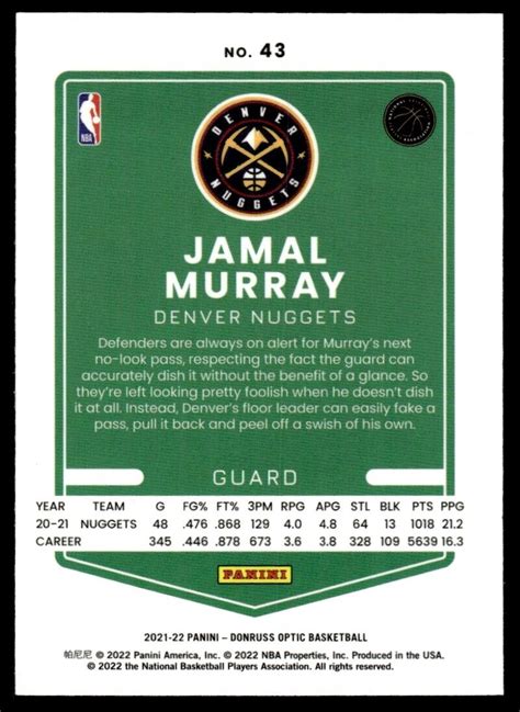 2021 22 Donruss Optic Basketball Card Jamal Murray Denver Nuggets 43