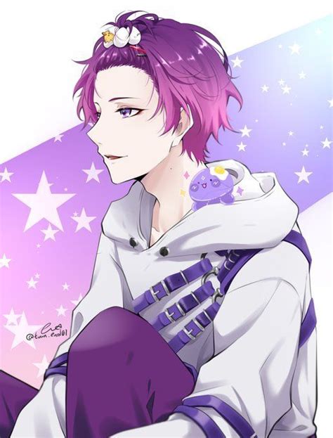 An Anime Character With Pink Hair And Purple Gloves Holding His Hand