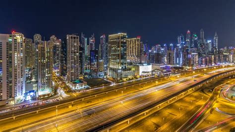 Fantastic Rooftop View Of Dubai S Modern Architecture By Night Stock