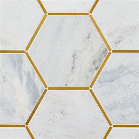 Bianco Orion Brass Framed Hexagon Hexagon Marble Tile Brass Frame