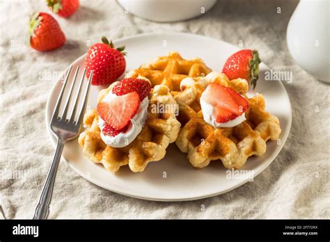 Homemade Sweet Belgian Sugar Waffles With Strawberries Stock Photo Alamy