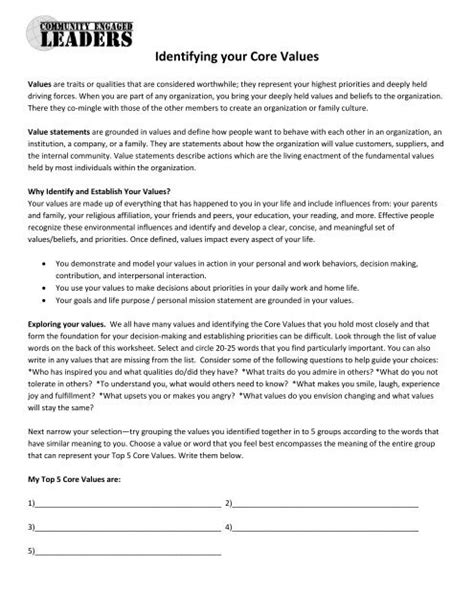 Church Core Values Worksheet Core Values Worksheet More To Be Png