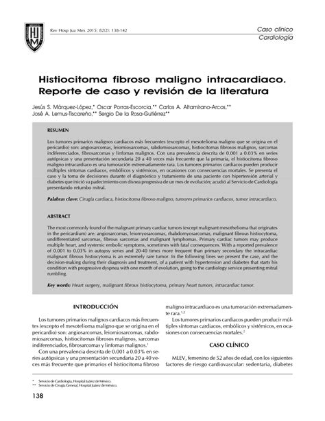 Pdf Histiocitoma Fibroso Maligno Intracardiaco Reporte De Caso Y