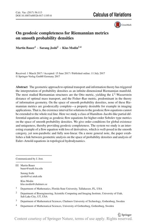 On Geodesic Completeness for Riemannian Metrics on Smooth Probability Densities | Request PDF