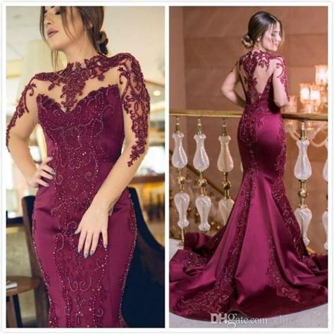 Burgundy Muslim Evening Dresses Mermaid Long Sleeves Lace Women Dubai