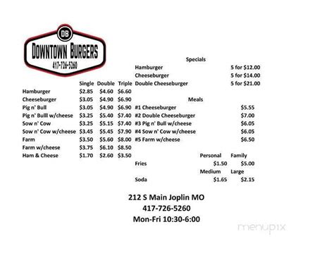 Menu Of Downtown Burgers In Joplin Mo 64801