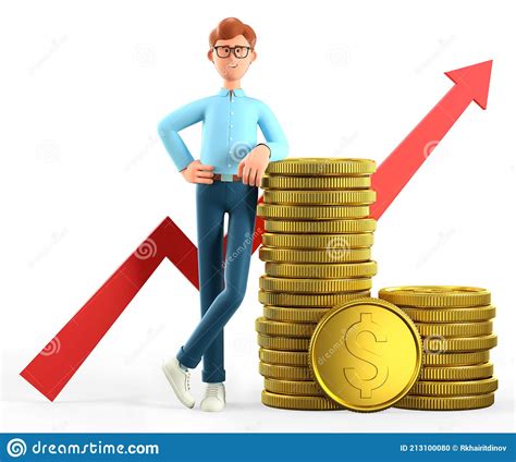 3d Illustration Of Smiling Man Leaning On A Huge Stack Of Gold Coins