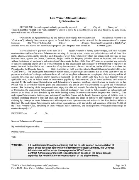 Lien Waiver Affidavit By Subcontractor Texas In Word And Pdf Formats