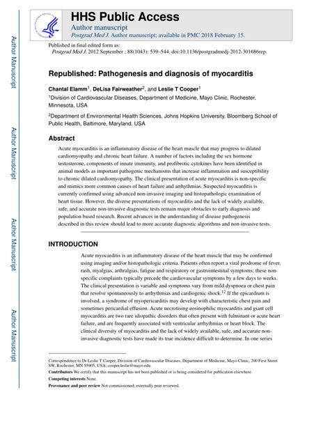 Pdf Republished Pathogenesis And Diagnosis Of Myocarditis