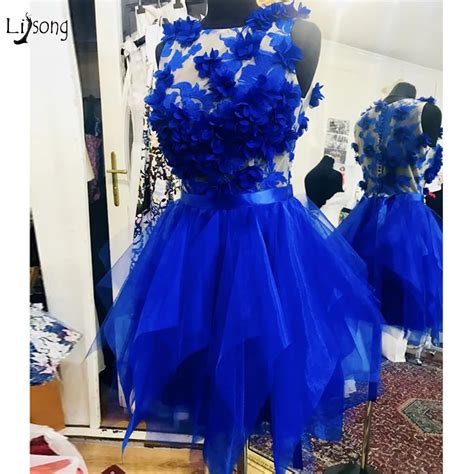 Pretty Royal Blue 3d Flower Cocktail Dresses Asymmetrical Lace Mini