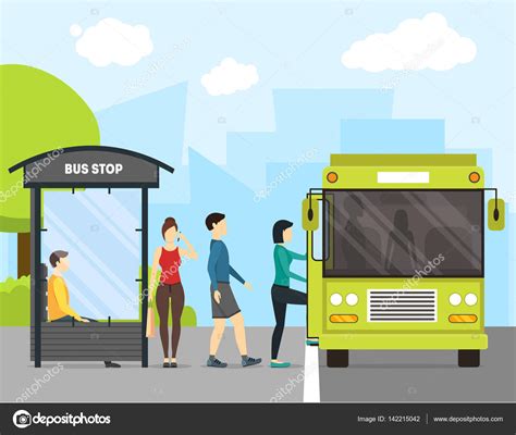 Parada De ônibus Dos Desenhos Animados Com Transporte E Pessoas Vetor