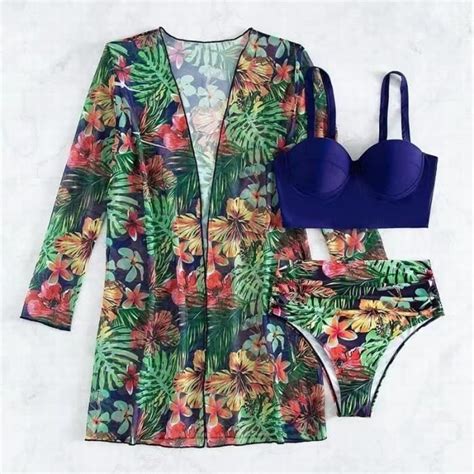 Maillot de bain 3 pièces dames bikini sexy floral multicolore châle de