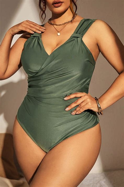 Wholesale Green Sexy Solid Patchwork Backless V Neck Plus Size Swimwear With Paddings Ws98422 1