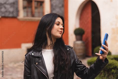 Pensive Brunette Woman Make Selfie Posing On Street Background Outdoor