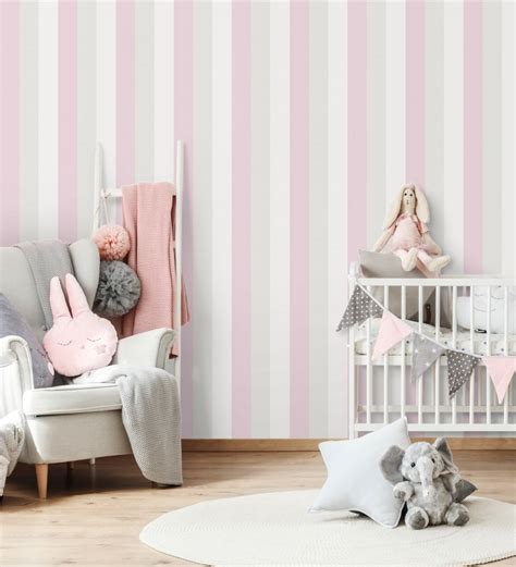 Papel Pintado Infantil De Rayas Rosa Gris Claro Y Blanco Elif Stripe