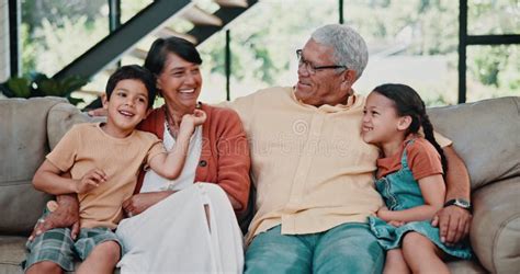 Happy Kids Hug Or Grandparents Laughing In Home With Smile Care Or