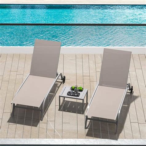 Runesay Khaki Outdoor Lounge Chairs With Wheels 5 Adjustable Position