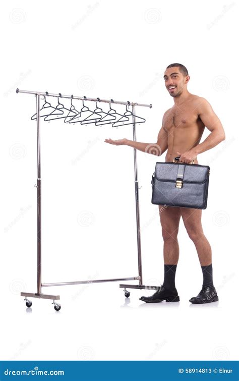 Nude Man Choosing Clothing Isolated On White Stock Image Image Of