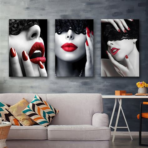 Red Lips Woman Canvas Painting Fashion Girl Modern V2 Set Of 3 Piece C Unixcanvas