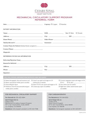 Fillable Online Cedars Sinai MECHANICAL CIRCULATORY SUPPORT PROGRAM