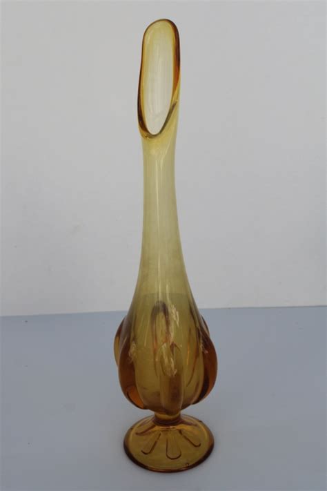 Viking Hand Blown Glass Swung Shape Bud Vase Mod Vintage Amber Gold Color