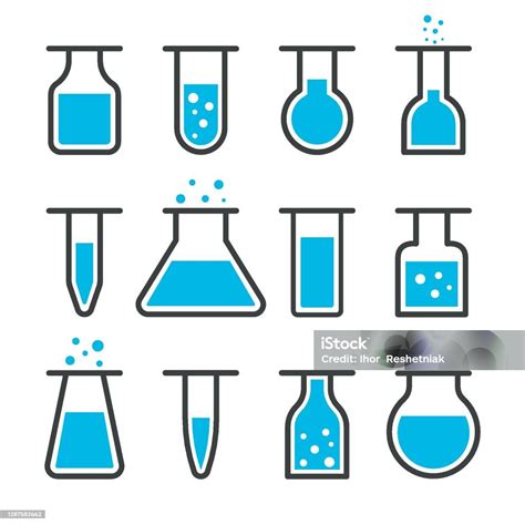 랩 아이콘입니다 튜브 비커 및 플라스크에서 과학 테스트 화학 실험실의 유리 장비 의학 연구를 위한 도구 화학 액체 약국 약물에