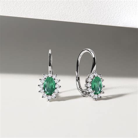 Earrings with Diamonds and Emeralds in White Gold | KLENOTA