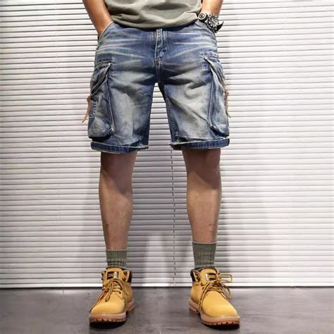 mens summer loose straight denim shorts  multiple pockets