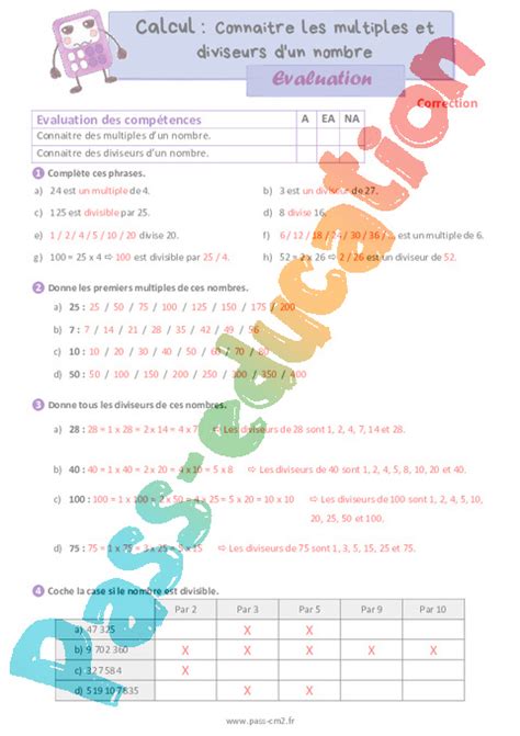 Connaitre les multiples et diviseurs d un nombre Évaluation de calcul