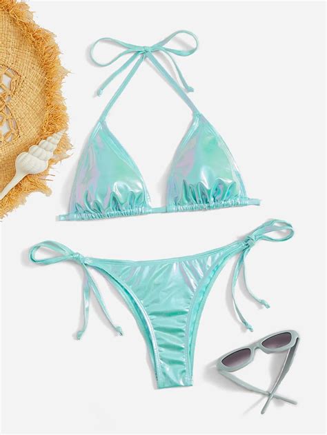 Bañador bikini triángulo halter de color metálico Azul menta Yaxa Store