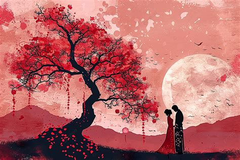 Romantic Red Love Tree Under The Chinese Couple Tanabata Clip Art Background Chinese Couple