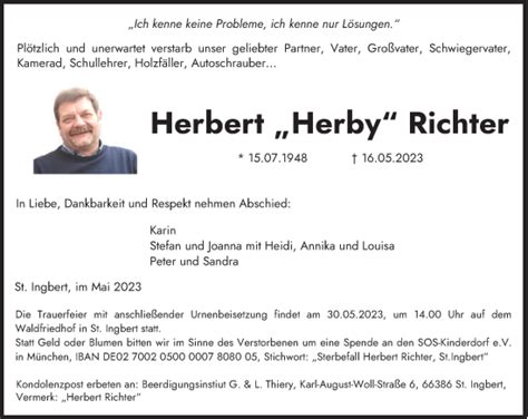 Traueranzeigen Von Herbert Richter Saarbruecker Zeitung Trauer De