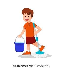 Boy Holding Bucket Filled Water Mop Stock Vector Royalty Free