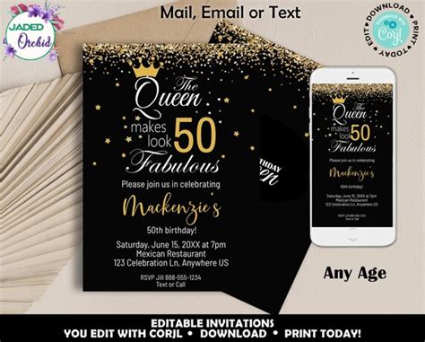 Queen Black And Gold Birthday Party Invitation Any Age Etsy