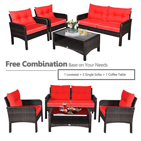 Gymax 4pcs Rattan Patio Conversation Set Red Cushioned Outdoor