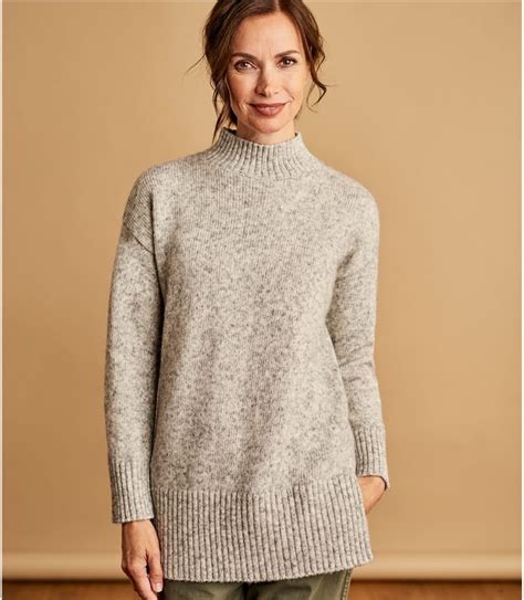 Grey Marl Womens Alpaca Mix Chunky Longline Turtle Neck Jumper