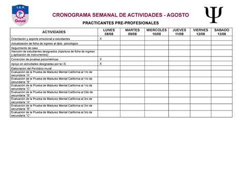 Cronograma Semanal De Actividades Practicantes De Psicologia