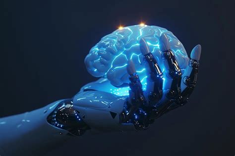 Premium Photo Robot Hand Holding A Glowing Brain Symbolizing The