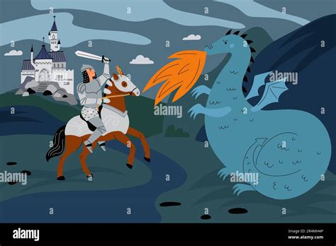 Knight In Armor And Fabulous Dragon Medieval Fairy Tale Character