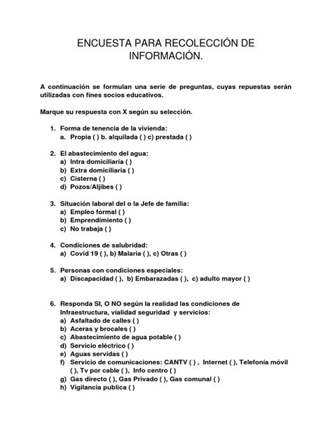 Modelo Básico De Encuesta Para Diagnóstico Comunitario Pdf