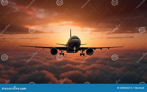 Sunlit Cargo Airplane Taking Off At Dusk Soaring Through Orange Skies