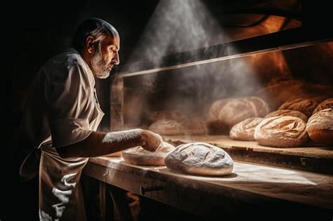 Um padeiro assando pão saudável tradicional em um grande forno saudável