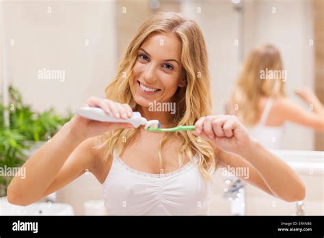 Beautiful Blonde Woman During Morning Routine Debica Poland Stock Photo Alamy