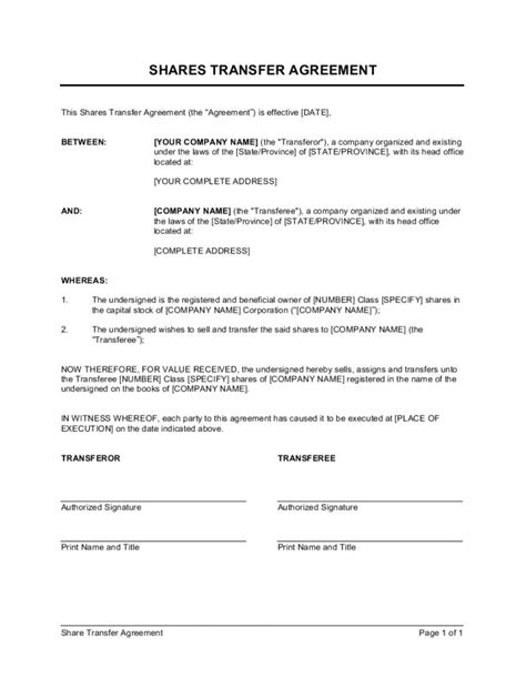 Shares Transfer Agreement Short Template By Businessinabox Stock