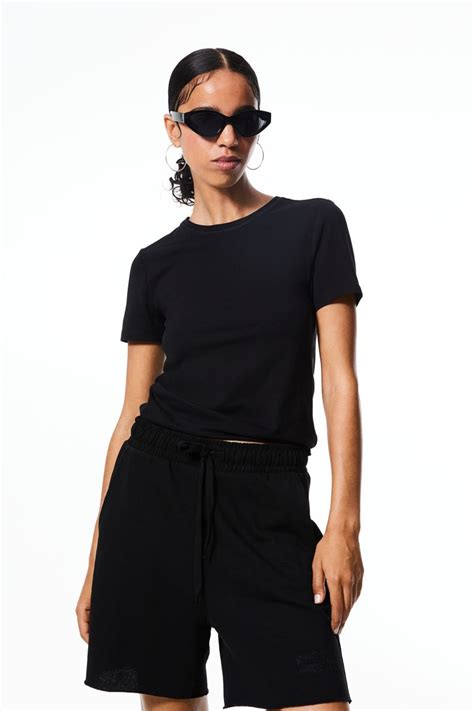 Fitted T Shirt Round Neck Short Sleeve Black Ladies Handm