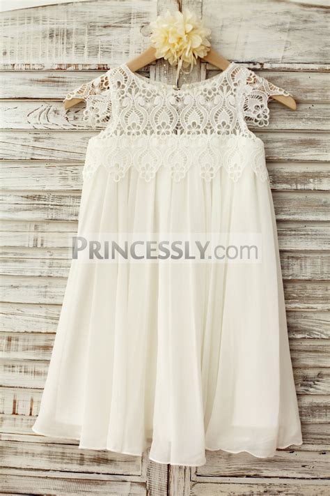 Boho Beach Lace Cap Sleeves Ivory Chiffon Flower Girl Dress Avivaly