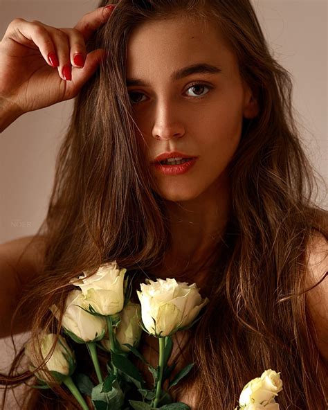 Dmitry Noer Women Brunette Brown Eyes Looking At Viewer Flowers White Rose Simple Background