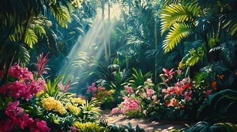 Tropical Paradise Scene With Lush Greenery And Vibrant Flowers